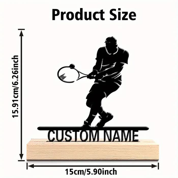 Statue en métal personnalisée de joueur de tennis avec base en bois, trophée de bureau personnalisé