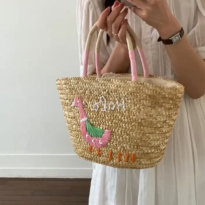 Sac de plage d'été en paille brodée grande capacité motif cocotier