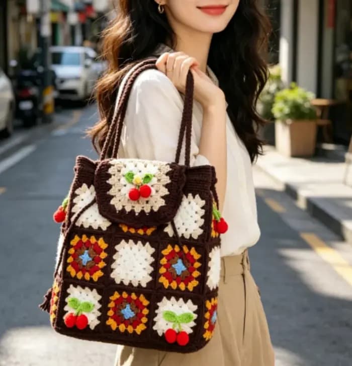 Sac à dos en laine crochetée fait main avec des motifs de cerises