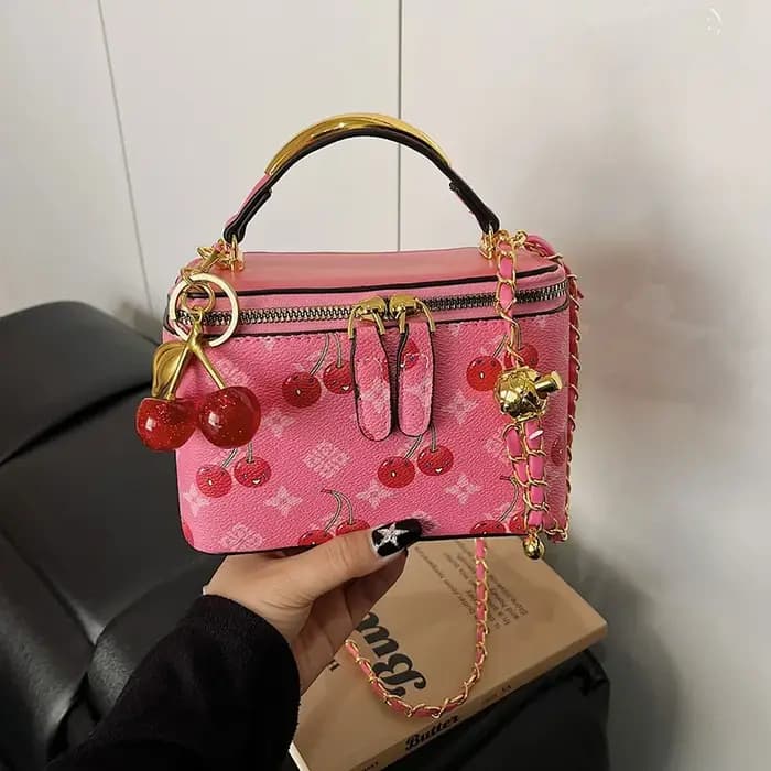 Mini sac carré décoré de cerises, sac à bandoulière pour femme, sac à main rétro à imprimé tendance,
