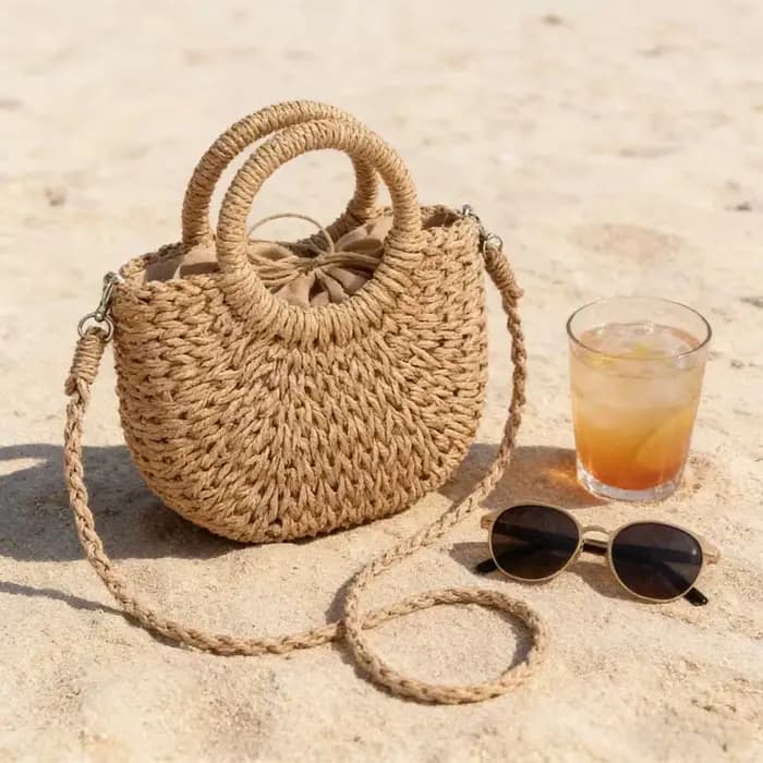 Nouveau Sac de Plage Demi-Lune en Paille et Rotin Tressé à la Main pour Femme