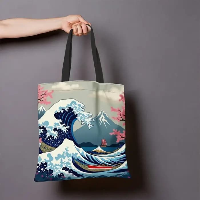 Sac fourre-tout en polyester inspiré de l'Ukiyo-e, 1 pièce, grande vague de Kanagawa et motif floral