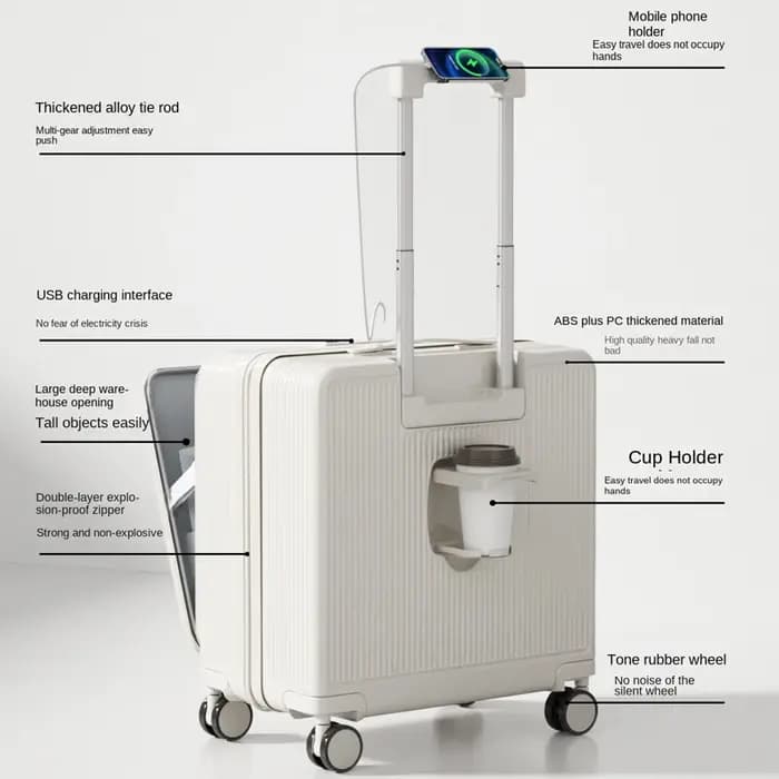 Valise de cabine 18/20 pouces à ouverture latérale, multifonctionnelle, portable, pour hommes et fem