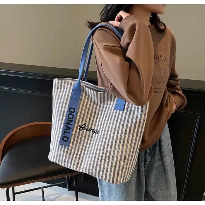 Sac fourre-tout classique en toile rayée pour femmes, sac fourre-tout décontracté, sac à bandoulière de grande capacité pour l'école et le shopping