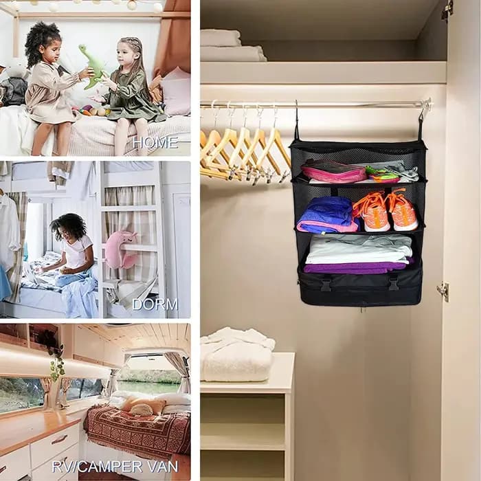Organisateur de voyage suspendu pliable à 3 couches – Sac de rangement multifonctionnel pour vêtements et articles de toilette