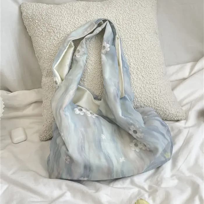 Sac fourre-tout de vacances grande capacité avec broderie florale couleur fraîche et ruban en dentelle