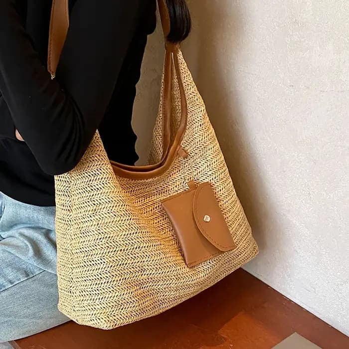 Sac fourre-tout tissé à la main grande capacité pour femme, sac de transport tendance style INS, sac de plage pour les vacances et les voyages quotidiens