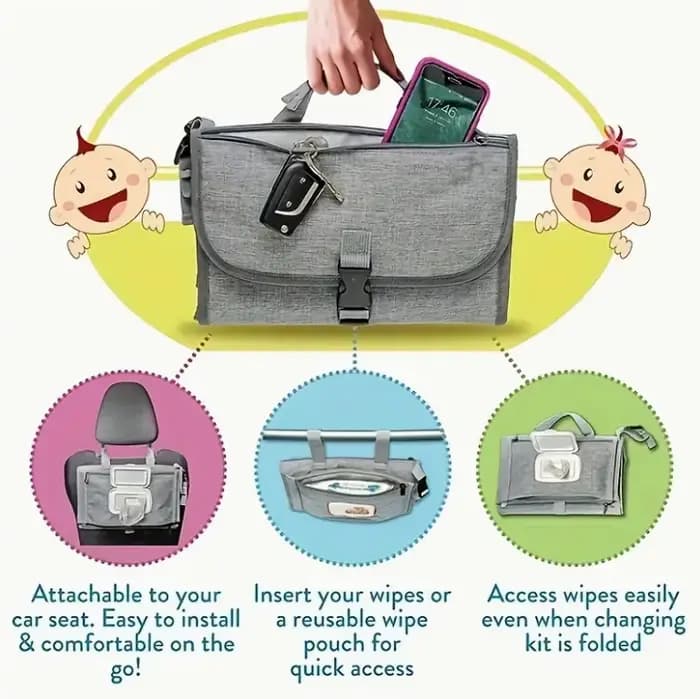 Matelas à langer portable avec sac de rangement – Tapis de changement de couches à une main pour sacs