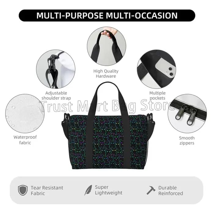 Sac polochon de voyage avec chats noirs de dessin animé mignon, sac de week-end personnalisé avec bandoulière, sacs de sport, de sport, de nuit pour femmes