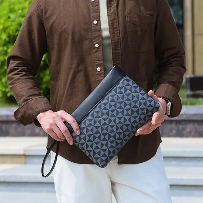 Sac à main pour homme en cuir PU motif géométrique pochette de créateur rigide avec fermeture éclair pour téléphone et cartes bleu champagne menthe clair