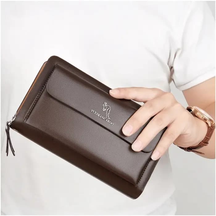 KANGAROO marque hommes pochette mode cuir Long sac à main Double fermeture éclair portefeuille d'affaires noir marron mâle décontracté sac pratique