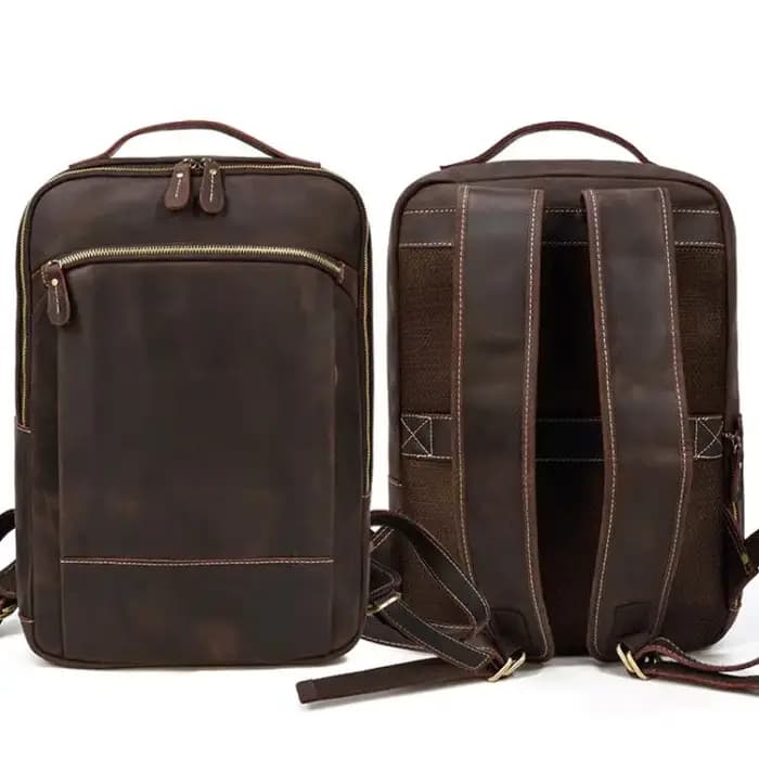 Sac à dos de voyage vintage en cuir à double fermeture éclair pour homme