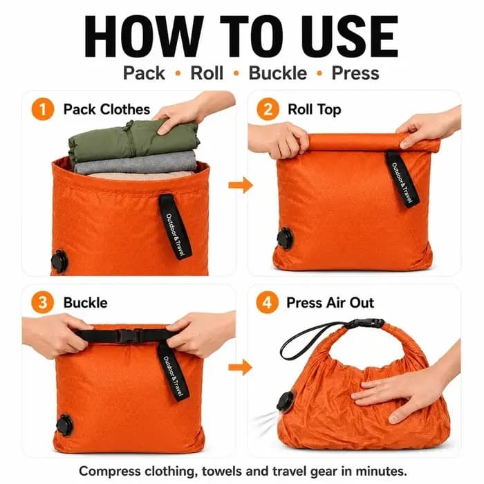 Sac de compression sous vide de voyage 70D TPU étanche avec fermeture roll-top et valve unidirectionnelle pour vêtements de camping
