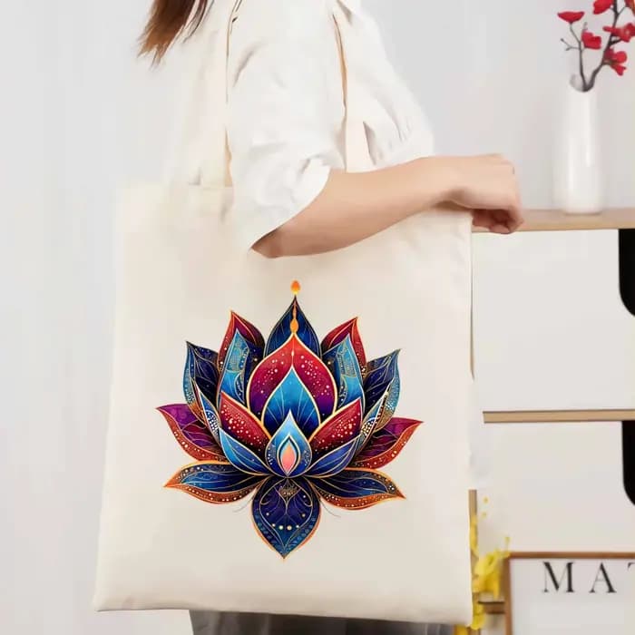 Sac fourre-tout en toile à motif de lotus blanc