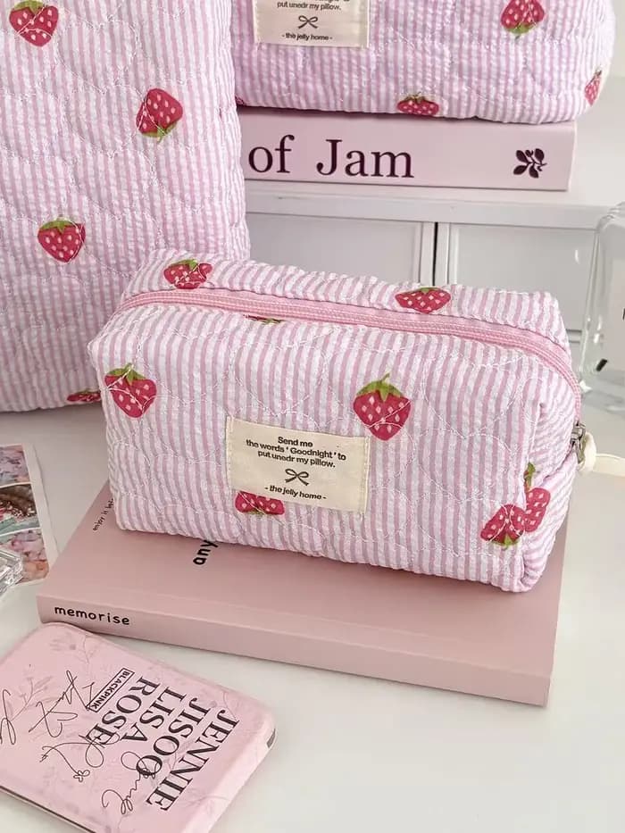 Sac de voyage matelassé en coton pour femme, trousse de toilette rétro cerise, trousse à maquillage