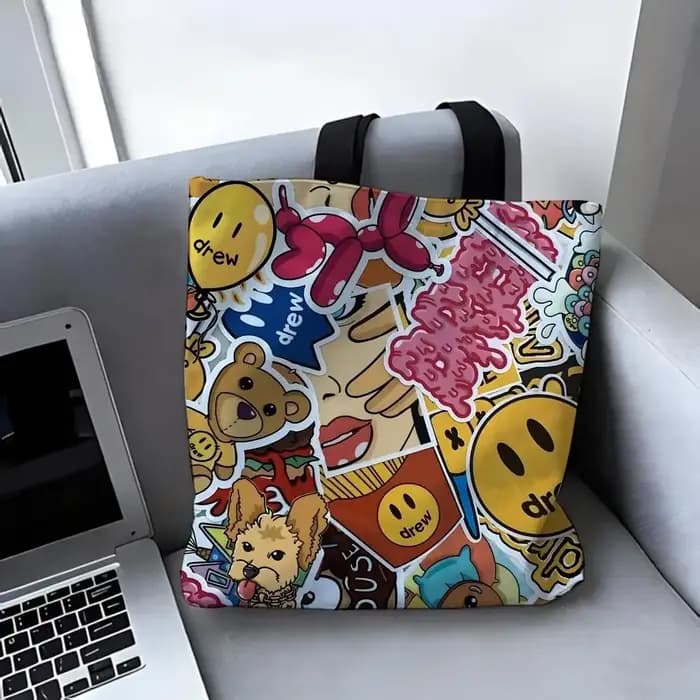 Sac à bandoulière en toile grande capacité motif dessin animé Mushroom Head Drew House - Sac fourre-