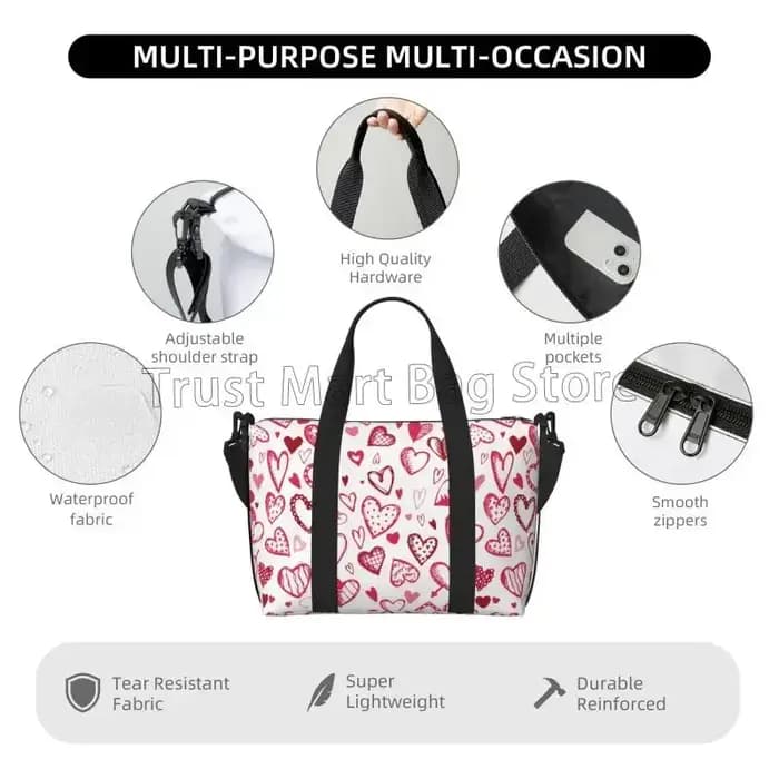 Sac polochon de voyage à motif coeurs d'amour pour femmes