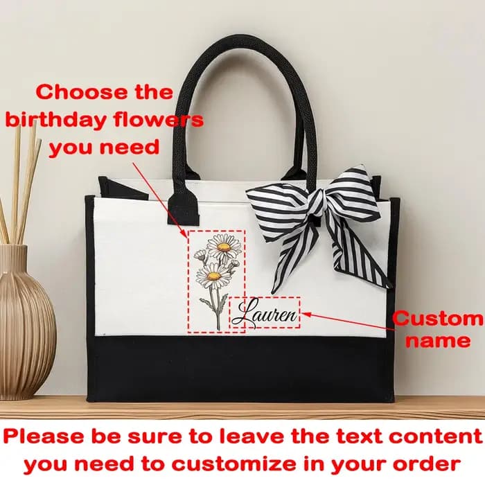 Sac fourre-tout personnalisé en toile avec fleurs du mois de naissance