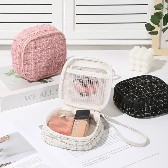 Mini trousse de maquillage tissée – Pochette cosmétique portable avec fermeture éclair, organisateur compact pour clés de rouge à lèvres, pièces de monnaie, voyage et usage quotidien