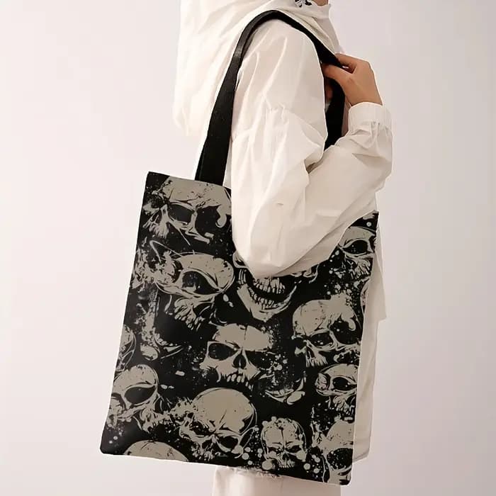 Sac fourre-tout imprimé crâne – Sac à main réutilisable en polyester durable