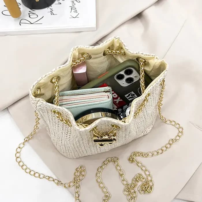 JOinitied-Sac messager beige en paille tressée pour femme