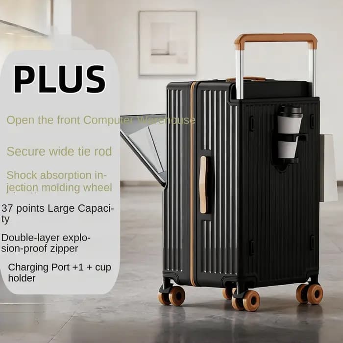 Valise de voyage grande capacité avec ouverture frontale, porte-gobelet et port de charge, poignée l