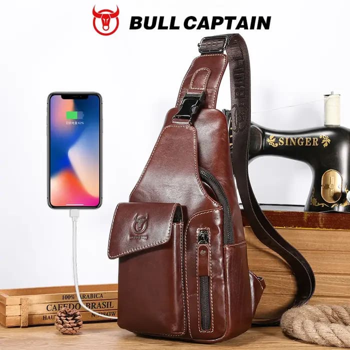 Sac à dos bandoulière en cuir véritable BULLCAPTAIN pour homme