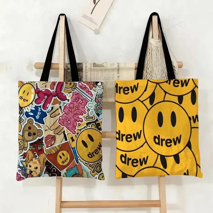 Sac à bandoulière en toile grande capacité motif dessin animé Mushroom Head Drew House - Sac fourre-tout décontracté polyvalent pour femme