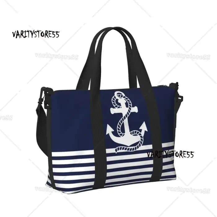 Sac fourre-tout de plage personnalisé à rayures bleu marine et ancre blanche pour femmes