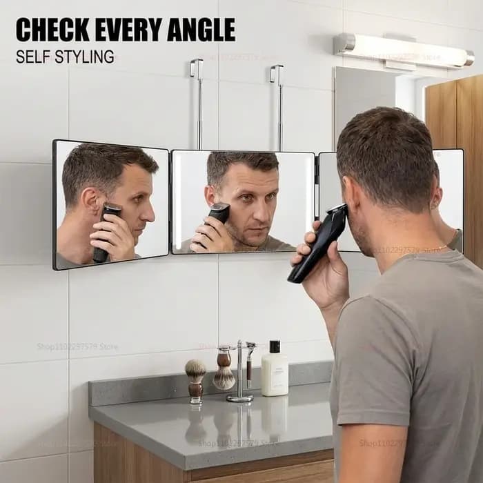 S Travel Portable 360 ° Miroir de maquillage pliable à trois volets avec crochet télescopique réglable en hauteur