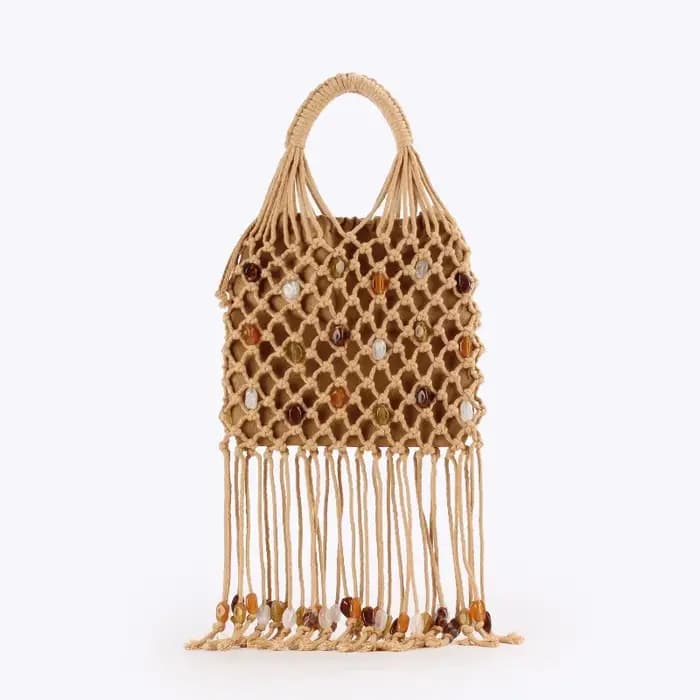 Sac fourre-tout tressé fait main pour femme avec franges à pampilles et détails perlés, style bohème, pour l'été, la plage et le quotidien