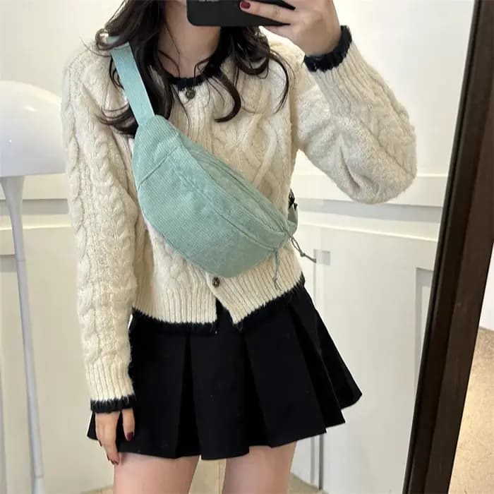 Femmes taille sac velours côtelé étudiant épaule sac à main bandoulière poitrine