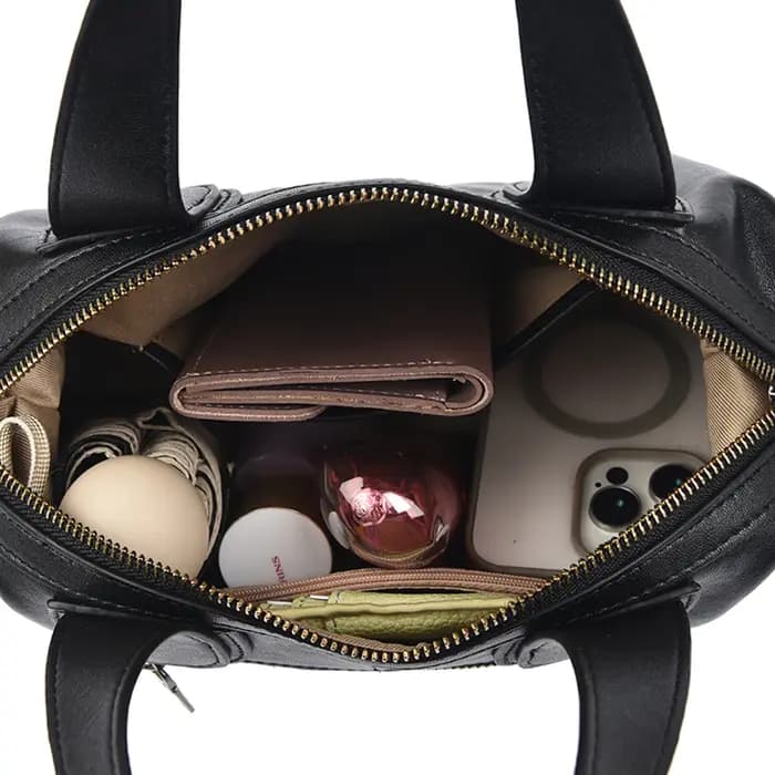 Sac Boston noir minimaliste en cuir véritable pour femmes