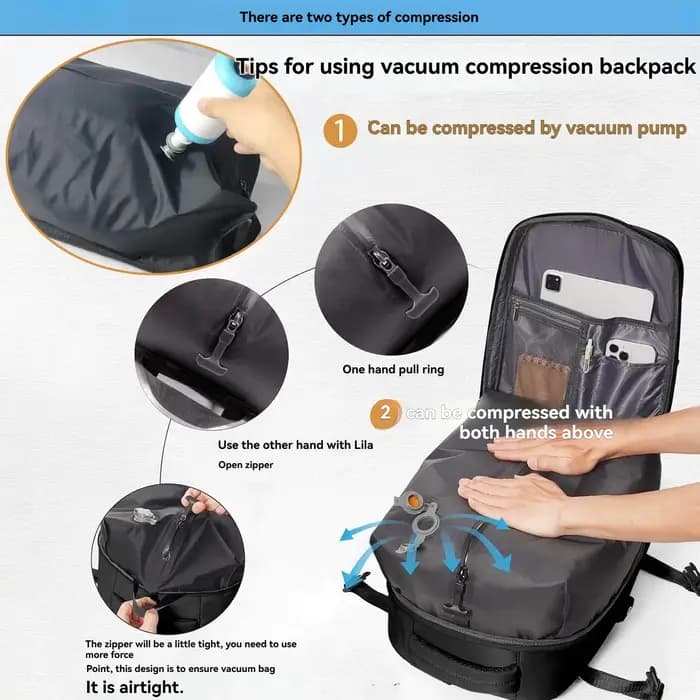 Sac à dos de voyage à pompe à air intégrée scellé sous vide