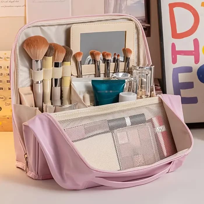 Grande Trousse de Toilette Verticale en PU Grande Capacité, Organisateur de Maquillage Portable, Poc
