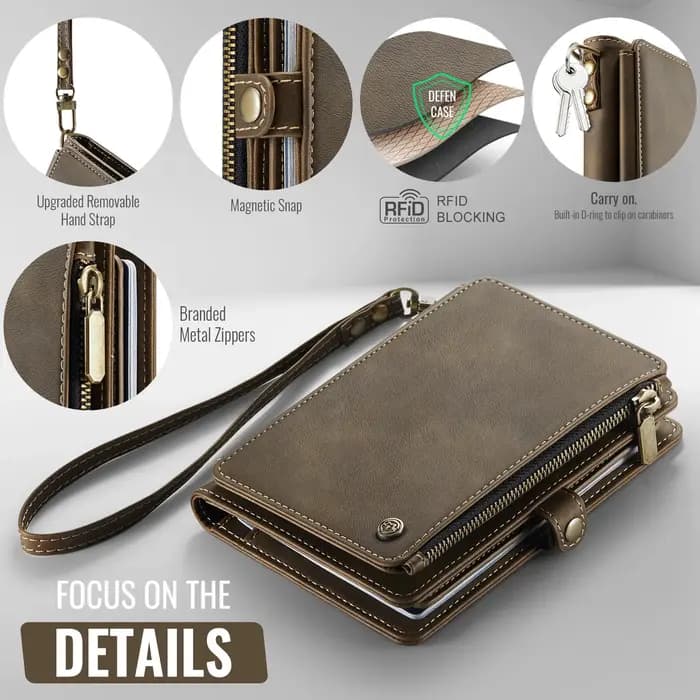 Porte-passeport multifonction rétro Caseme pour les voyages, étui à passeport avec sangle de poignet et portefeuille à fermeture éclair, haute qualité