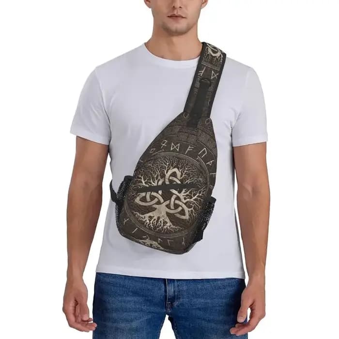Sac à dos à bandoulière en cuir marron arbre de vie avec Triquetra pour hommes