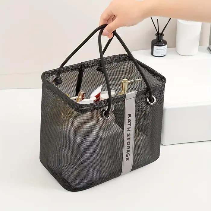 Sac de toilette portable en maille avec poignée