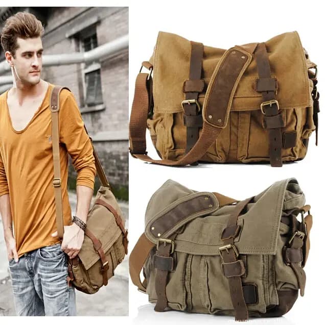 Grand Sac à Bandoulière en Toile et Cuir pour Homme