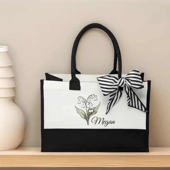 Sac fourre-tout personnalisé en toile avec fleurs du mois de naissance