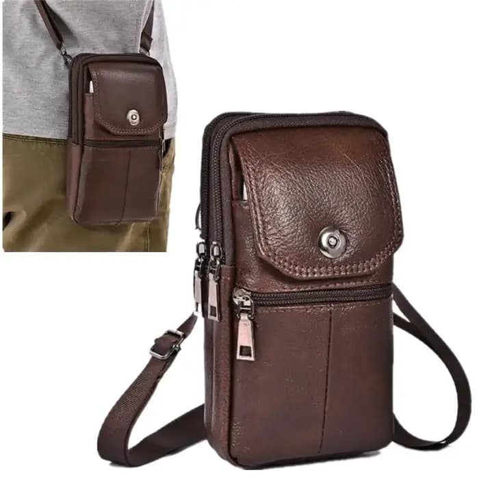 Sac messager pour homme en cuir véritable - Poche pour téléphone portable