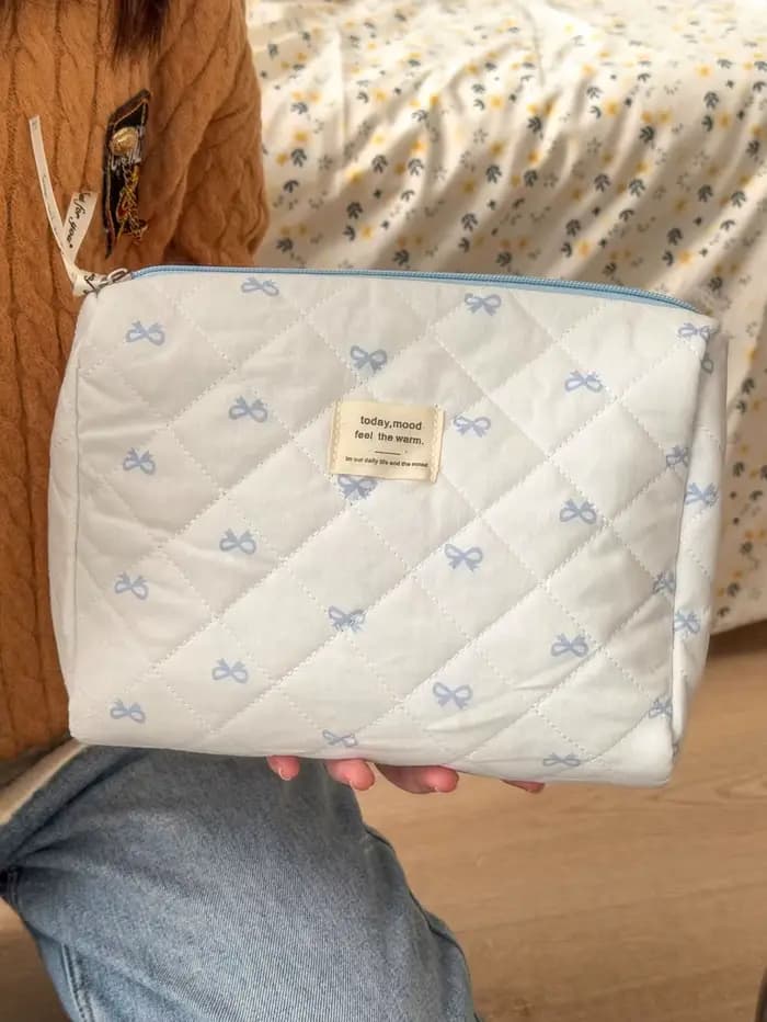 Trousse de toilette rétro polyvalente YT avec motif à carreaux rouge et bleu et nœud rose