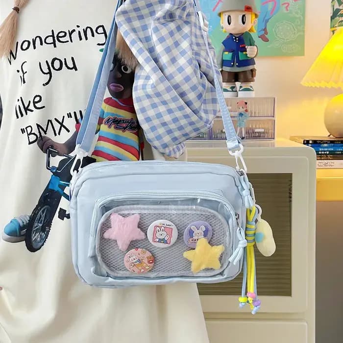 Sac bandoulière carré en nylon blanc laiteux transparent avec pendentif lune