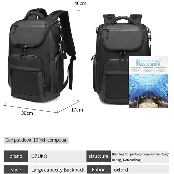 OZUKO 46x17x30 cabine Mochila grande capacité sacs à dos étanches 15.6 sac à dos pour ordinateur por
