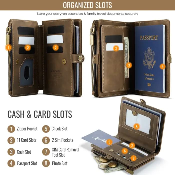 Porte-passeport multifonction rétro Caseme pour les voyages, étui à passeport avec sangle de poignet et portefeuille à fermeture éclair, haute qualité