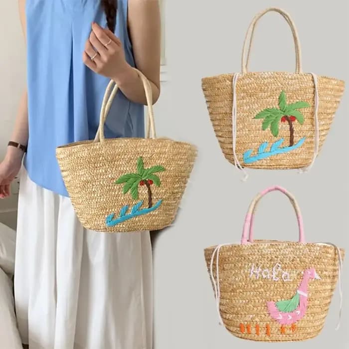 Grand sac fourre-tout en paille brodé motif cocotier