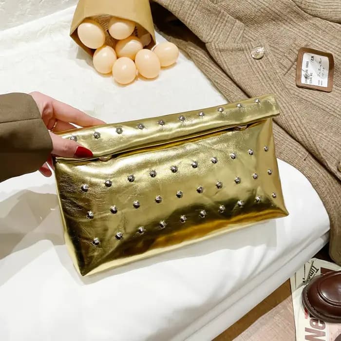 Pochette de luxe légère en cuir PU scintillant, sac de soirée à rivets, couleur unie, sac à main pou