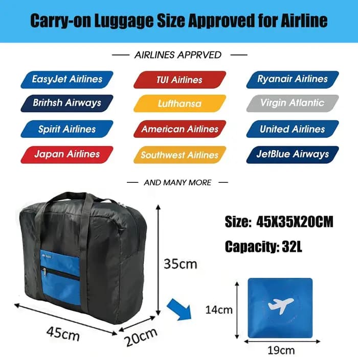 Sac polochon 32L Airlines sous siège cabine sac 45x35x20 pliable sac d'hôpital sac de nuit femmes et hommes voyage sac à main Storag
