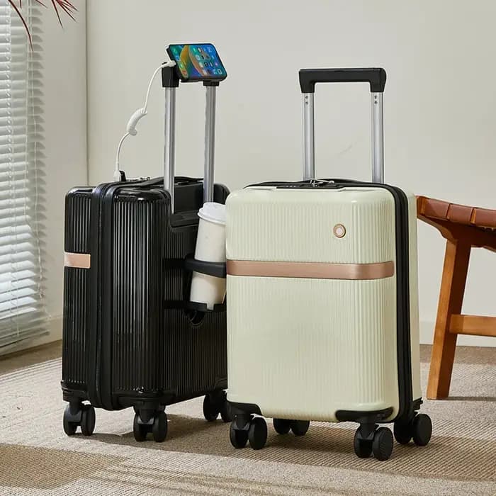 Nouveau bagage à main à la mode de 14 pouces avec taille de cabine, étui d'embarquement avec porte-gobelet/support pour téléphone portable/roues universelles amovibles/verrouillage par mot de passe/in