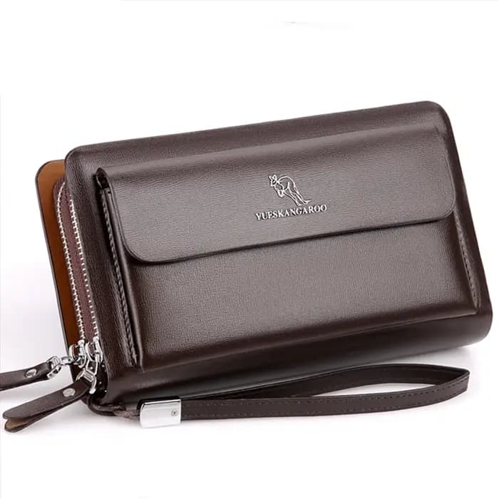 KANGAROO marque hommes pochette mode cuir Long sac à main Double fermeture éclair portefeuille d'affaires noir marron mâle décontracté sac pratique